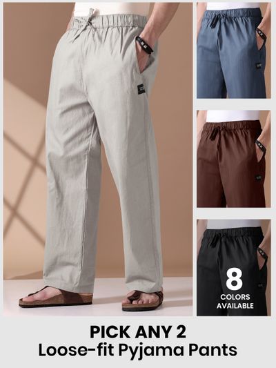 Mens pyjama pants - with fit available as loose-fit in different colors with text "Pick any 2" and "6 colors available" 